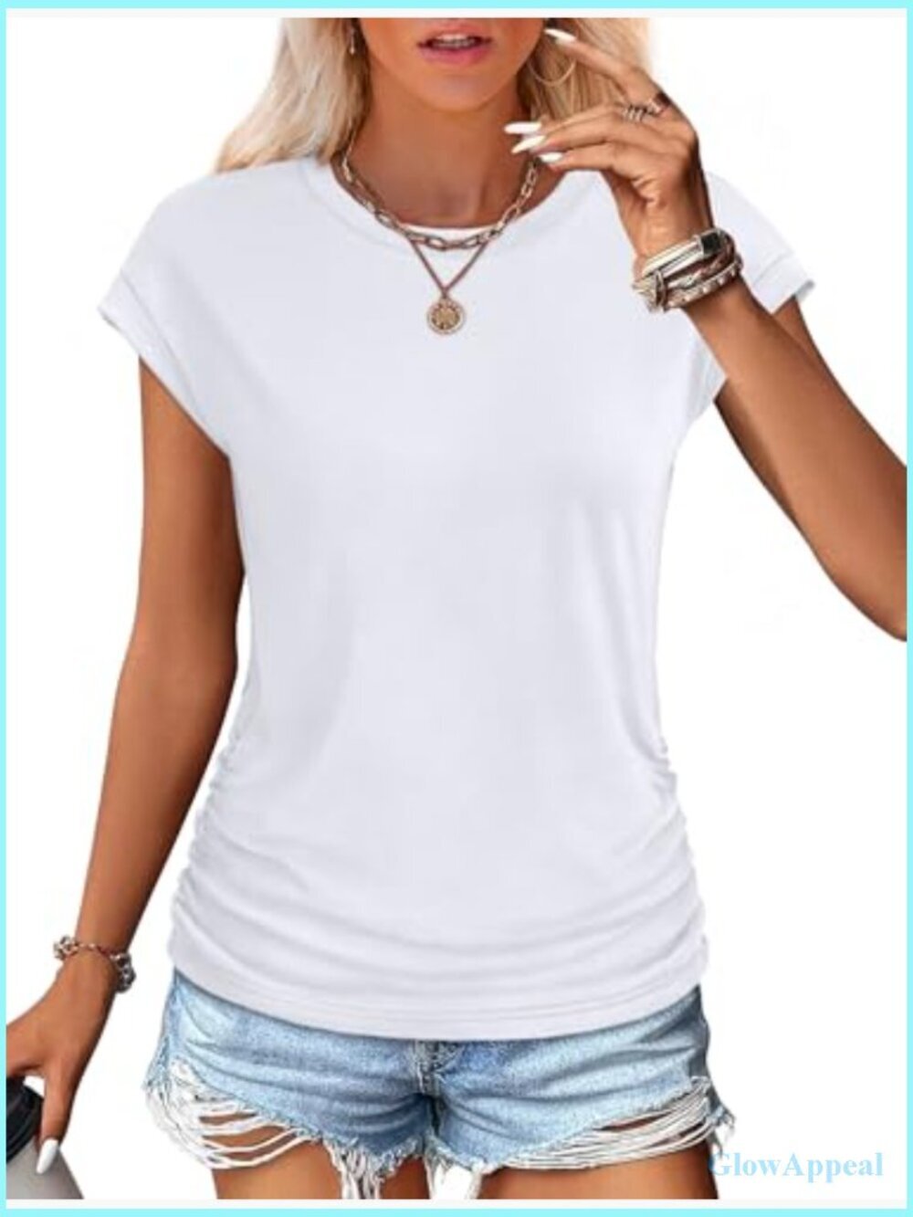 Ruched Cap Sleeve T-Shirt, Loose Fit, Polyester Blend, Summer Top - Picture 2 of 5